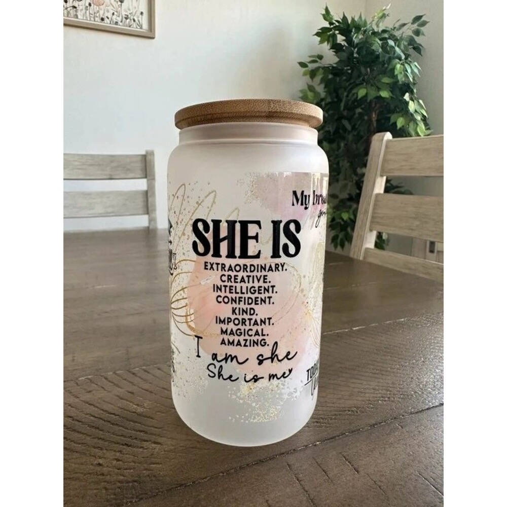 Inspirational Affirmation Frosted Glass Jar w/ Bamboo Lid Cup